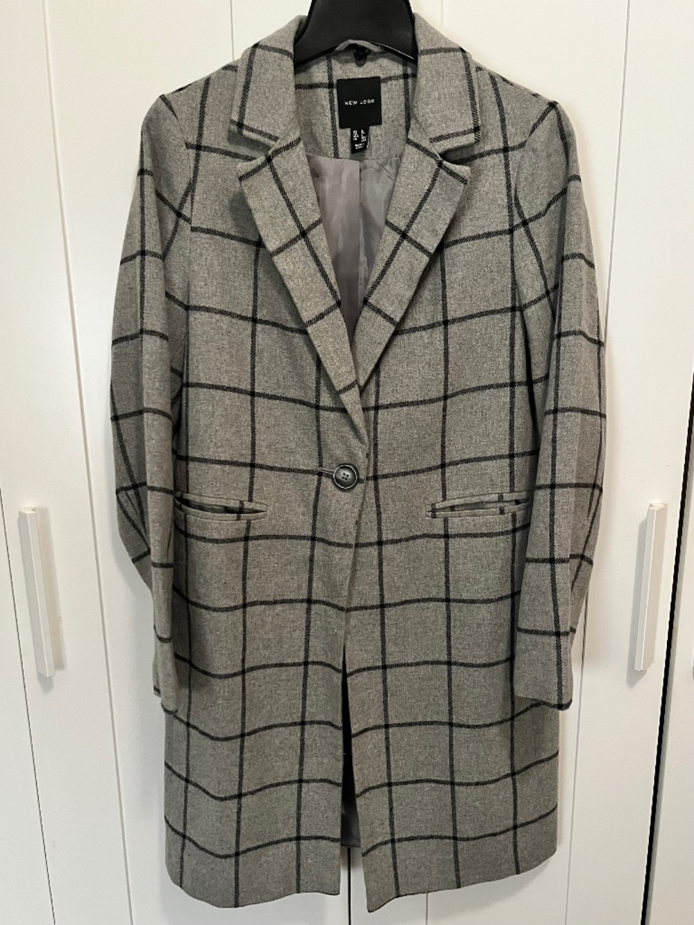 gray double breasted plaid coat